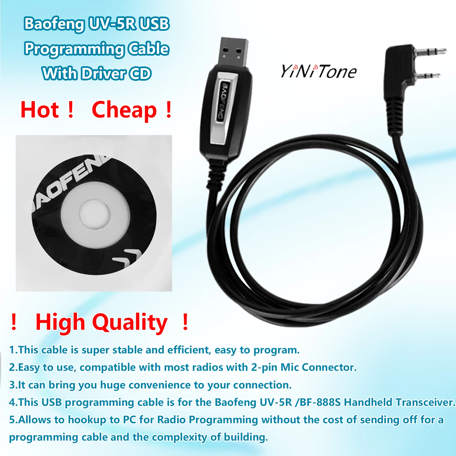 K Port Program Cord With Driver CD two pin plug for Baofeng UV5R UV82 BF888S Two Way ham Portable CB radio USB Programming Cable