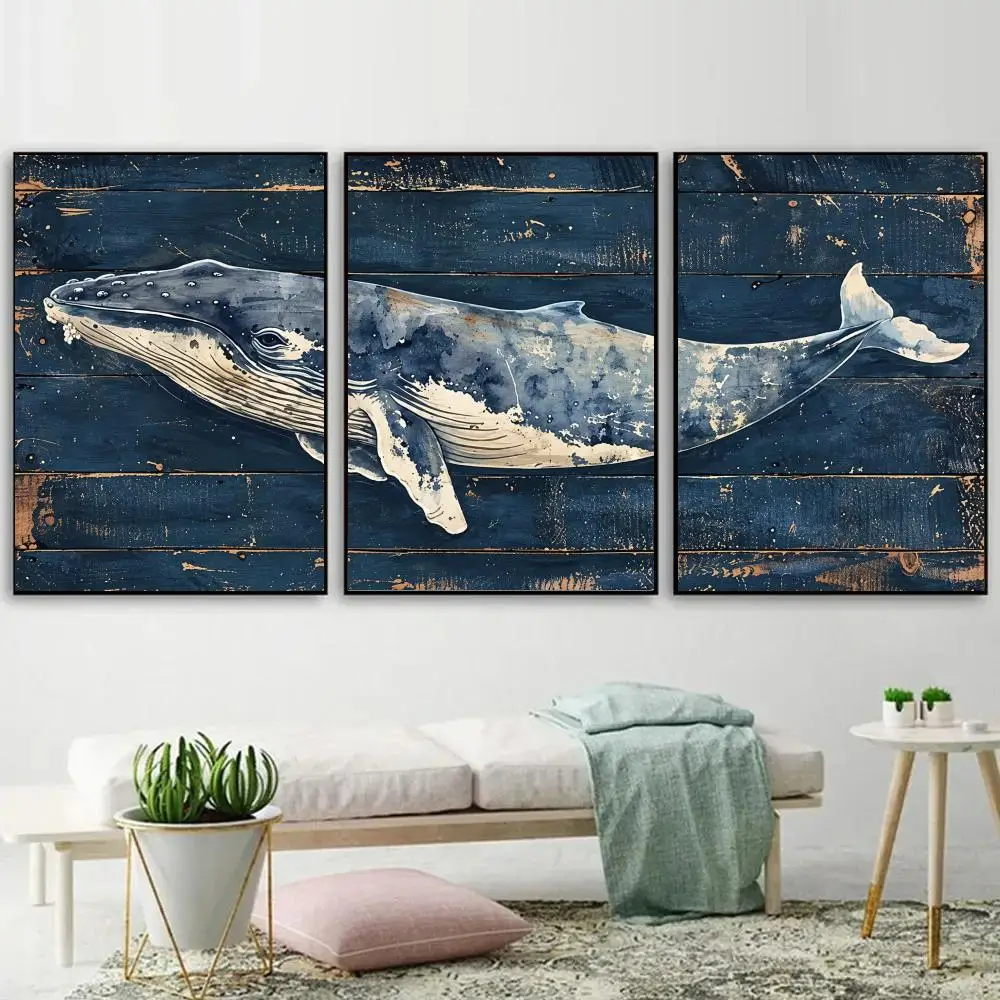 Ocean Whale Night Painting Calligraphy 3PC Canvas Poster Set Wall Art Painting for Bedroom Living Room Home Decor Vintage Gift