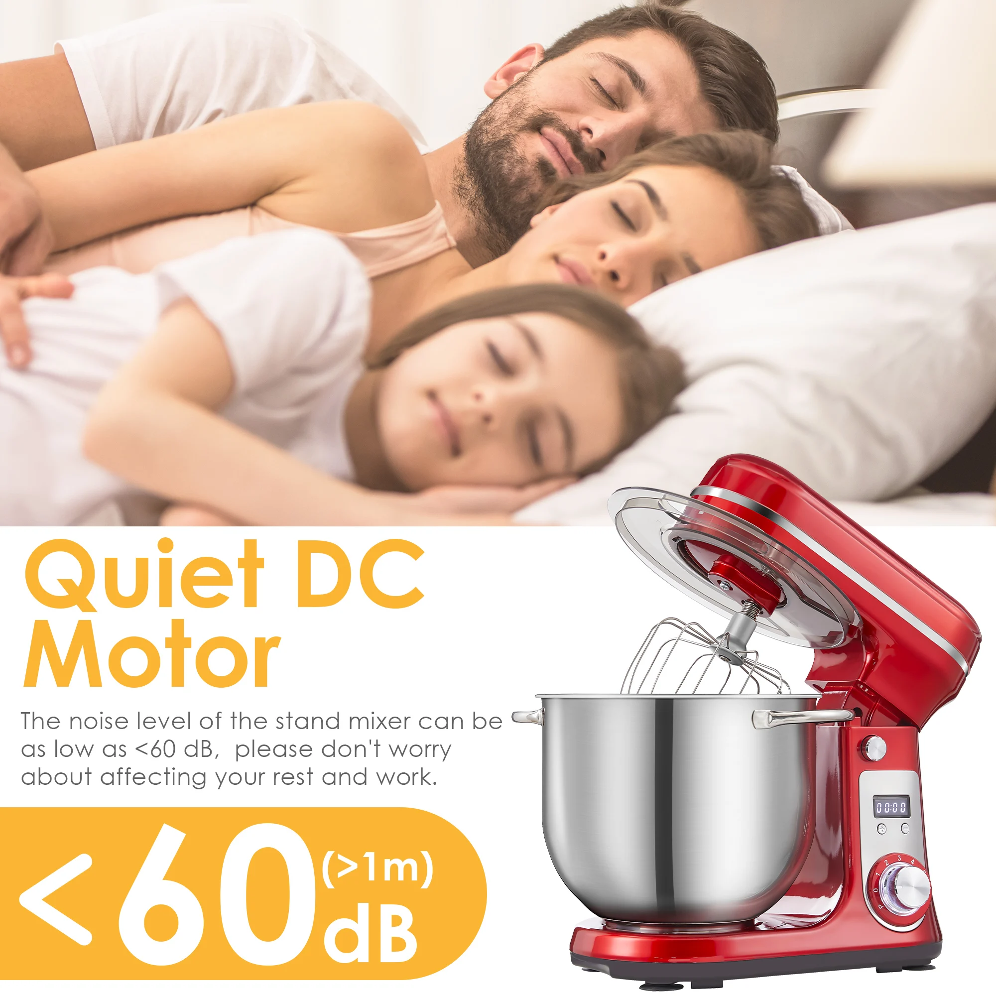 BioloMix 6-Gang-Standmixer für die Küche, 1200 W DC, leiser Motor, 6 l Edelstahlschüssel mit Sahne-Ei-Schneebesen, Peitsche, Teigkneter – Detail 5