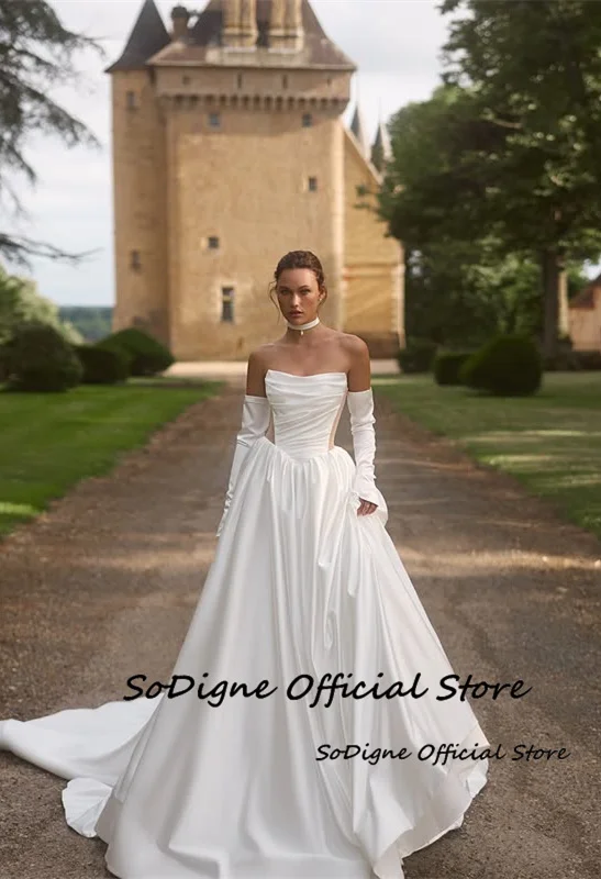  SoDigne A-line Satin Wedding Dresses Strapless Detachable Sleeves Bridal Dress 2026 Bride Gown vestidos de novia Customized