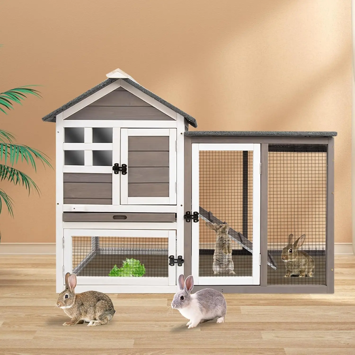 Large Rabbit Hutch Outdoor Indoor with Pull Out Tray Wooden Bunny Hutch, Guinea Pig Cage Chicken Coop with Run, Removable Tray, Asphalt Roof, Lockable Doors and Ramp
