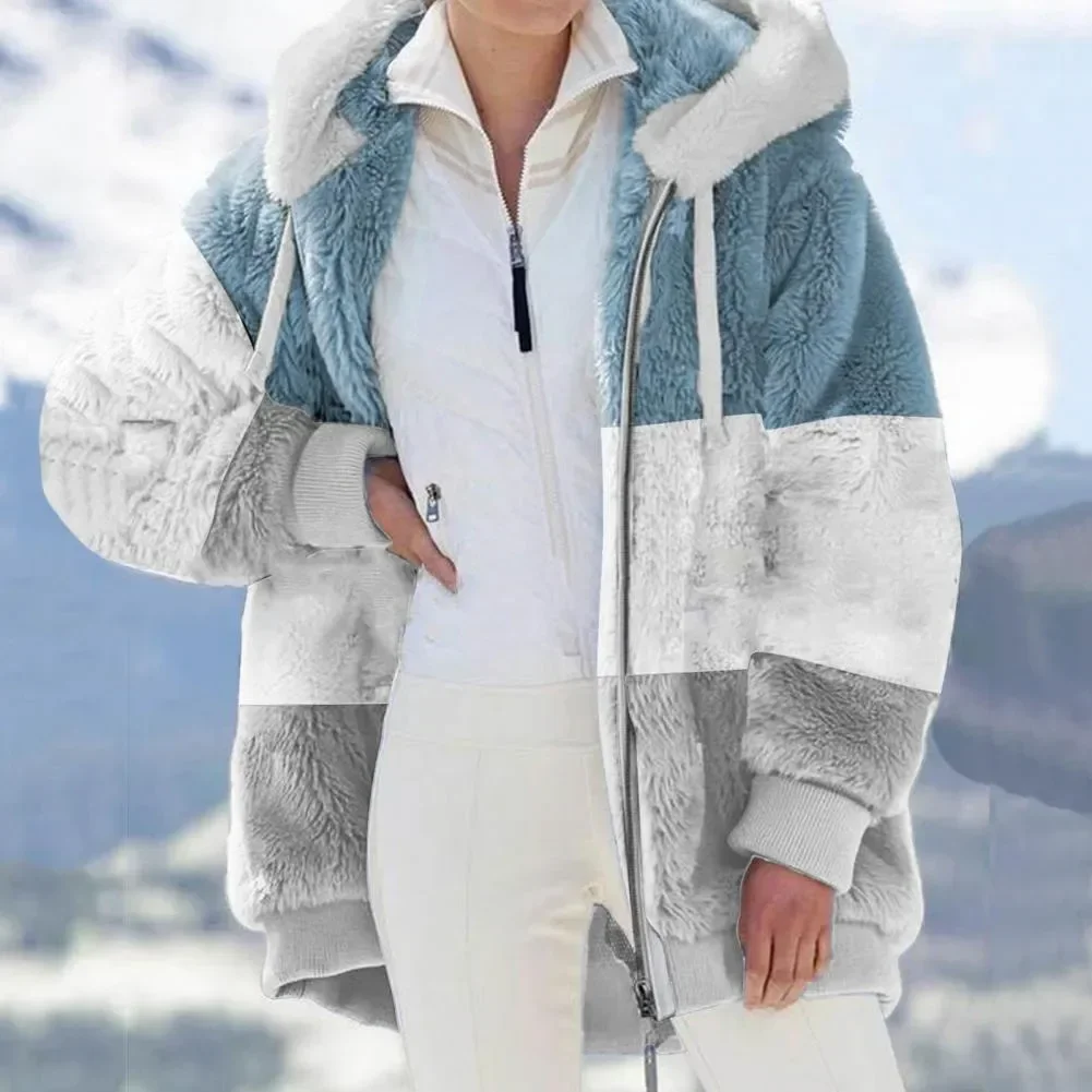 2025 Winter Women Warm Overcoat Retro Patchwork Fleece Hooded Zipper Thick Jackets Coat Outwear Faux Fur Fashion All-Match New