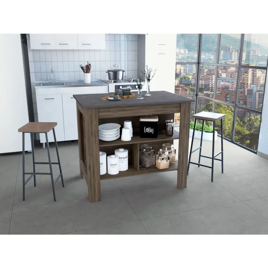 

DEPOT ESHOP Delos Kitchen Island Four Legs Three Shelves Dark Brown Onix
