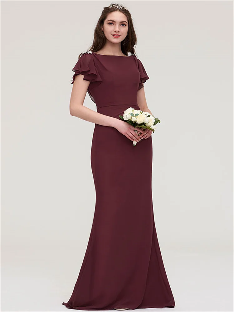 

Hot Selling Bateau Short Sleeves Chiffon Sheath Bridesmaid Dress Elegant Back Zipper Floor Length Gown For Wedding Guest 2024