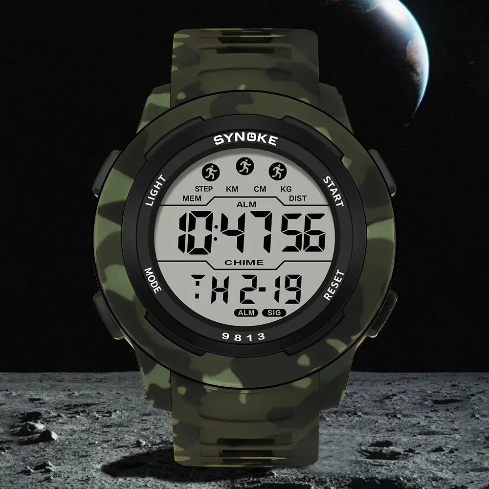 SYNOKE Men Outdoor Sports Multifunctional Waterproof Large Screen Display Luminous LED Digital For Men Fashion Camouflage Watch