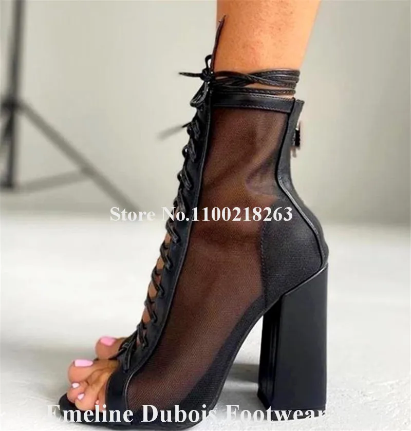 Black Mesh Chunky Heel Short Boots Emeline Dubois Peep Toe Lace Patchwork Thick Heel Ankle Booties Sexy Lace-up Party Dress Heel