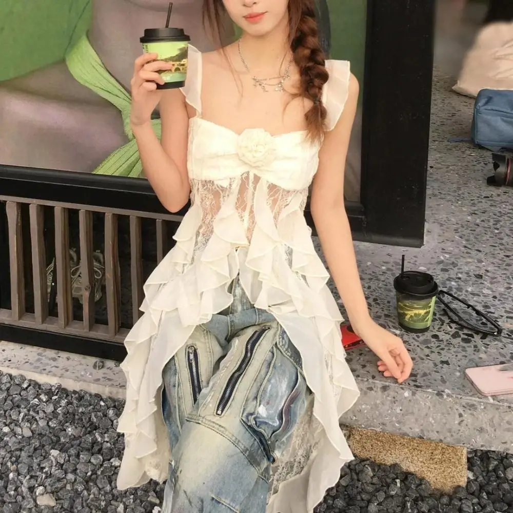 

Off-shoulder Lace Flower Tassel Camisole Ruffled Edge Beachwear Mesh Ribbon Dress Spicy Girl Style Transparent