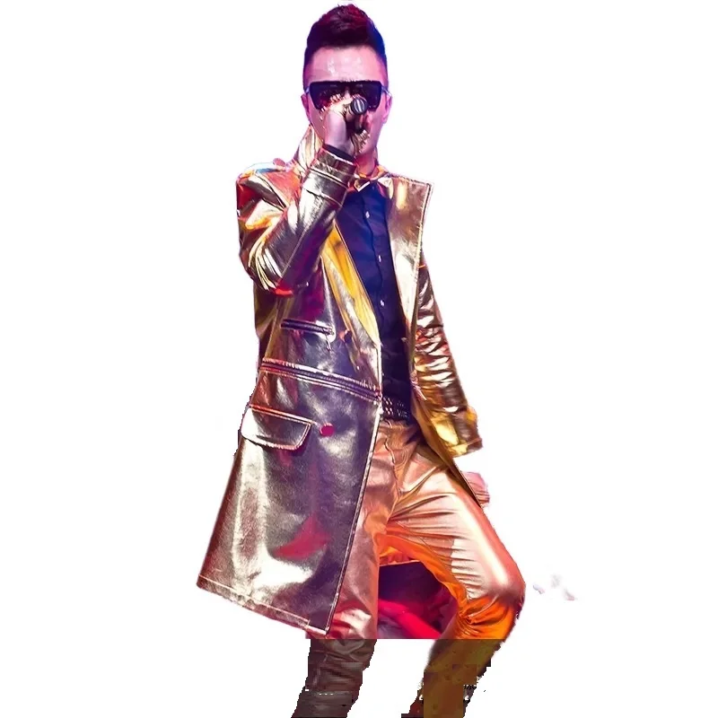 Golden Metallic Man Boy's Chic Trench Coat Live Show Dance Costume Music Festival Singers Hoster Harajuku Yuppie Hip Hop