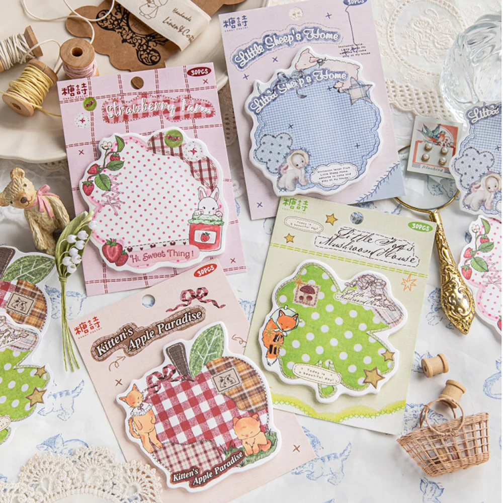 ペニーの手作りボックスシリーズの付箋30枚、レトロカラーのパッチワーク、学生用メモとメッセージペーパー