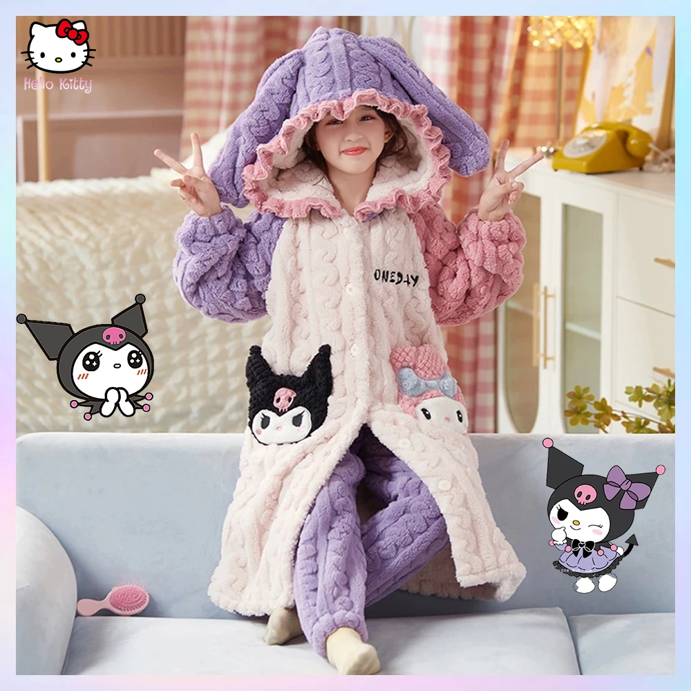 Autumn Winter Children\'s Plush Pajamas Robe Anime Sanrioed Cinnamoroll Melody Kuromi Kawaii Girl Cute Hooded Thicken Home Clothe