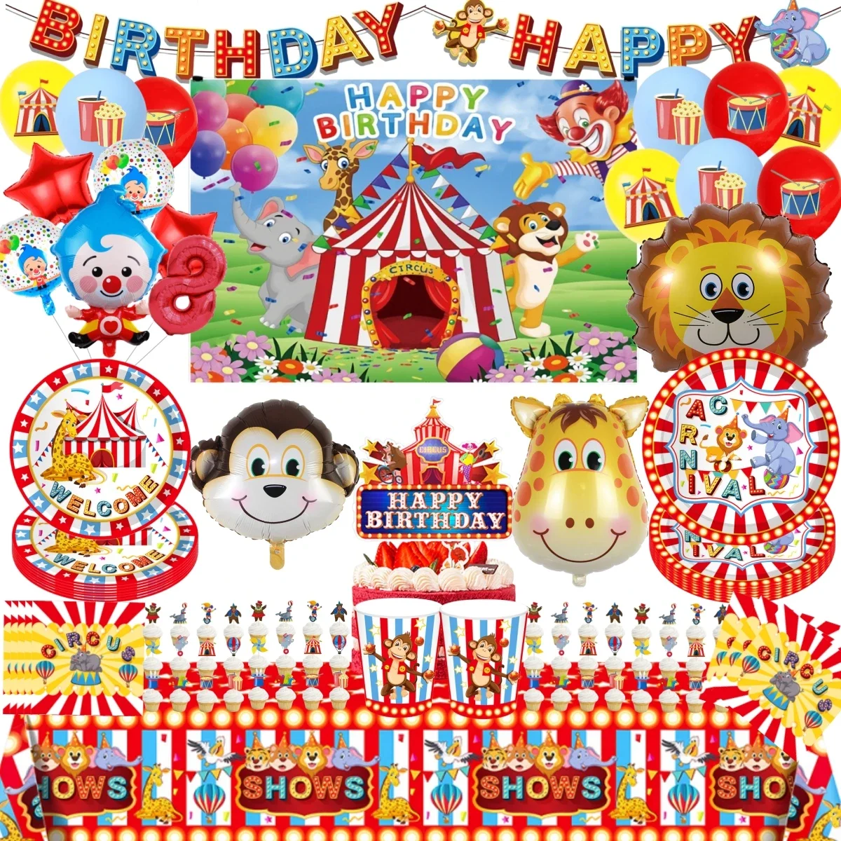 

Circus Carnival Birthday Party Decorations Disposable Tableware tablecloth Plate Napkin Cup Striped Animals Party Supplies Gifts