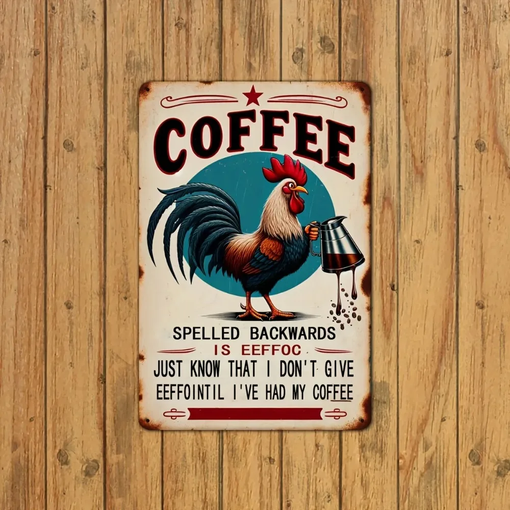 Placa Metálica de Aluminio 2D Plana Vintage con Gallo y Café, Arte Mural Retro Decorativo, Adorno Multiusos para Cocina, Hogar, Patio, Baño