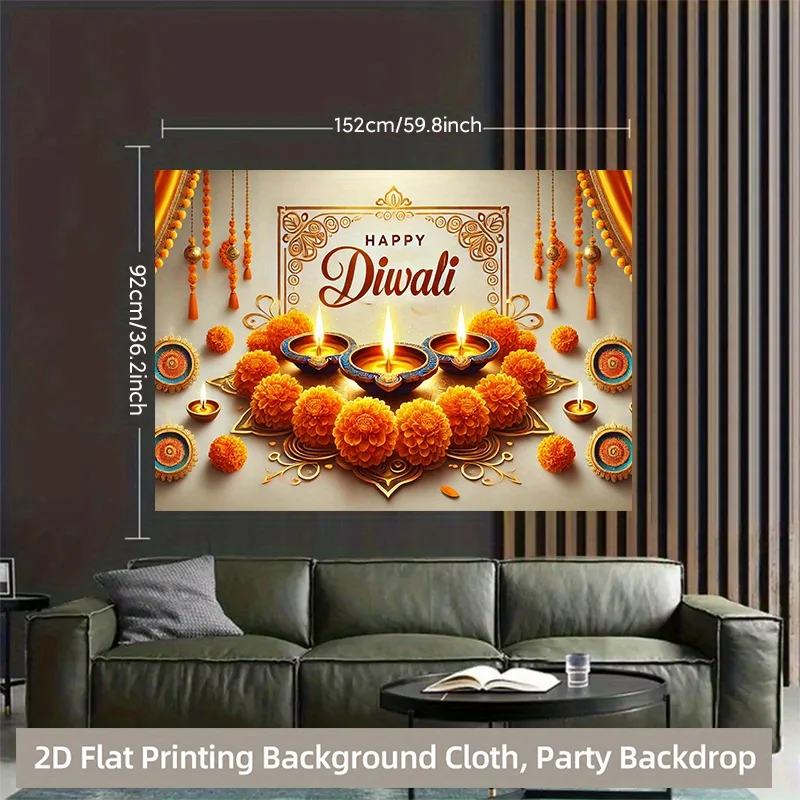 Diwali Festival Tapestry, Golden Orange Marigold and Candles Design, Indian Celebration Wall Art for Party and Home Decor