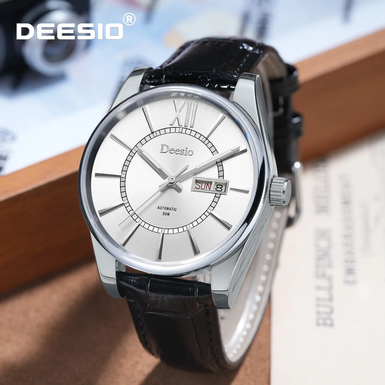 

Мужские автоматические механические часы Deesio, корпус из нержавеющей стали, светящийся циферблат, водонепроницаемые повседневные наручные часы, календарь, отображение недели