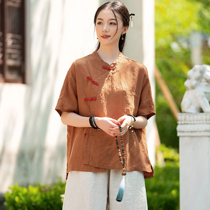 Style chinois femmes coton lin chemise décontractée nouveauté 2025 été Vintage col montant lâche femmes hauts chemises M1845