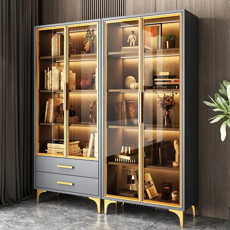 Bookcase light luxury glass door display cabinet living room floor to wall solid wood combination study storage locker bookcase