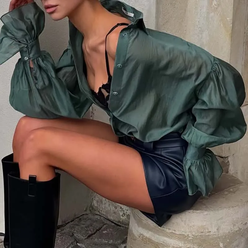 

Casual Collar Single Breasted Thin T-shirt Elegant Solid Color Flare Sleeve Commuter Top 2025 New Autumn Temperament Women Shirt