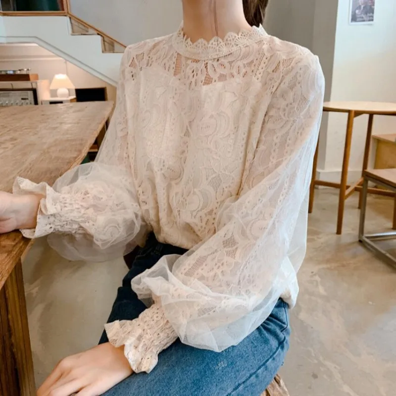 Spring Women White Lace Blouse Shirt Long Sleeve Blouse Femme Women Tops Shirts hollow out womens bouses shirts tops