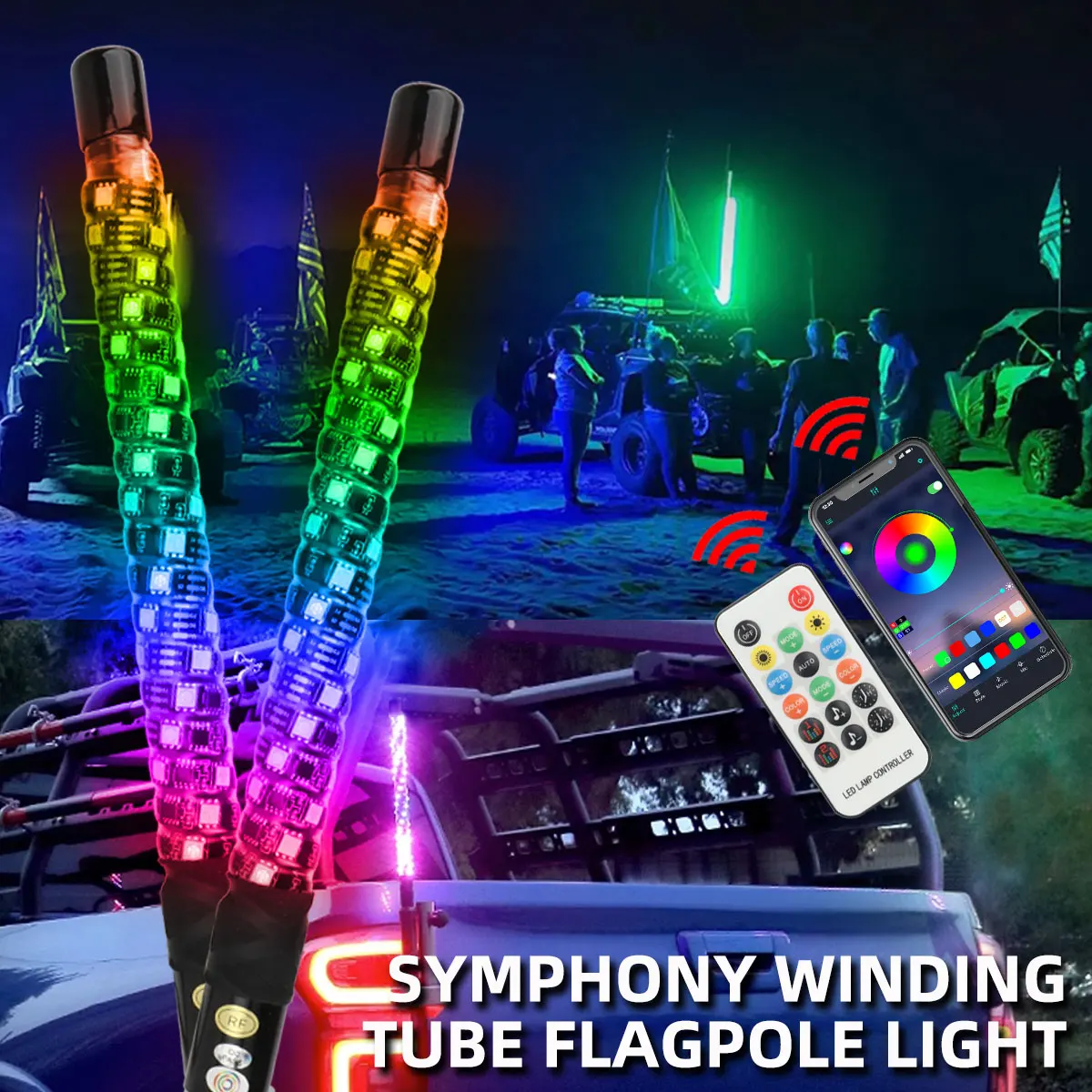1/2Pcs 30CM LED Whip Light Symphony Colorful Flagpole Lamp with APP Remote Control for SUV ATV UTV Pickup Car Decorative Lamp