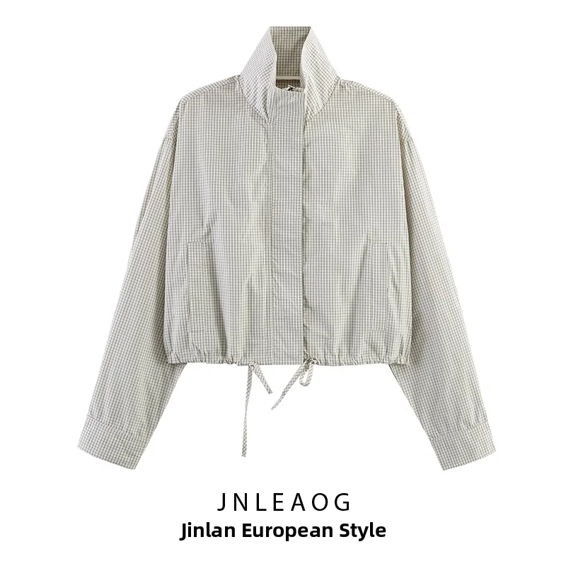 JNLEAOG Women's Fashionable Plaid Nylon Jacket Summer New Style Versatile Design Standard Fit Long Sleeve Zipper Closure Coat
