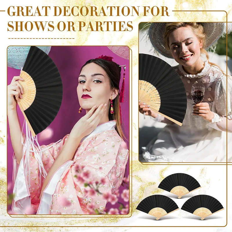 240-40Pcs Wedding Hand Fans Guests Folding Fans White Bamboo Fan with Fabric Bag Engagement Paper Fan Black Prop Fan for Dancing