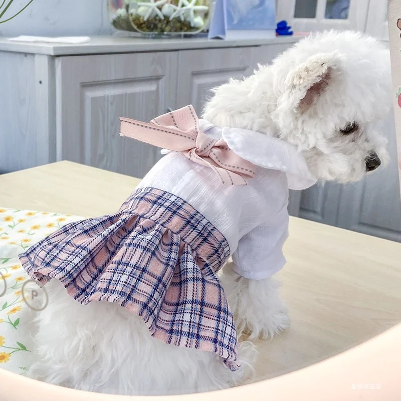 1PC Pet Clothing Cat Spring/Summer Thin Pink Grid Bow Student Princess Dress Suitable for Small and Medium Dogs