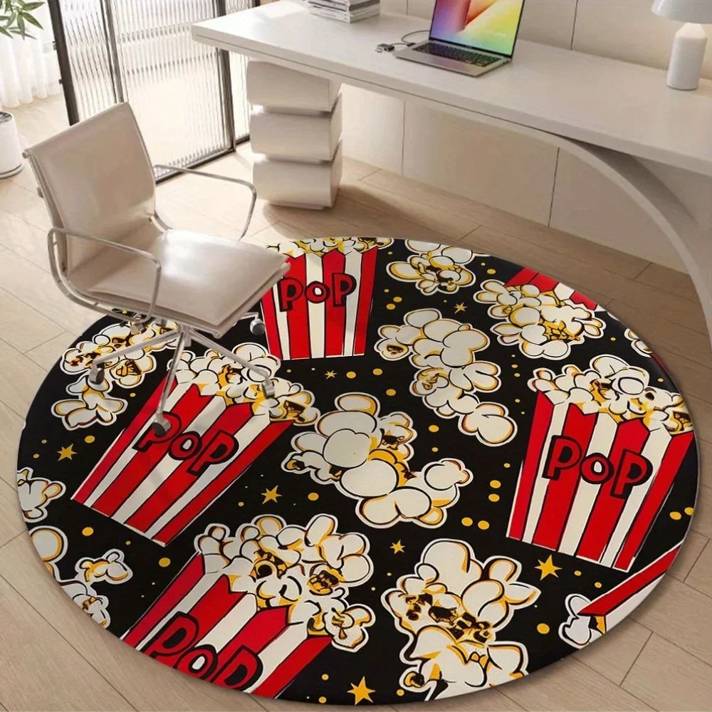 Popcorn Bucket Movie Night Entertainment Round Rug Cinema Snack Pattern Flannel Carpet For Home Theater Gaming RoomFunPopCulture