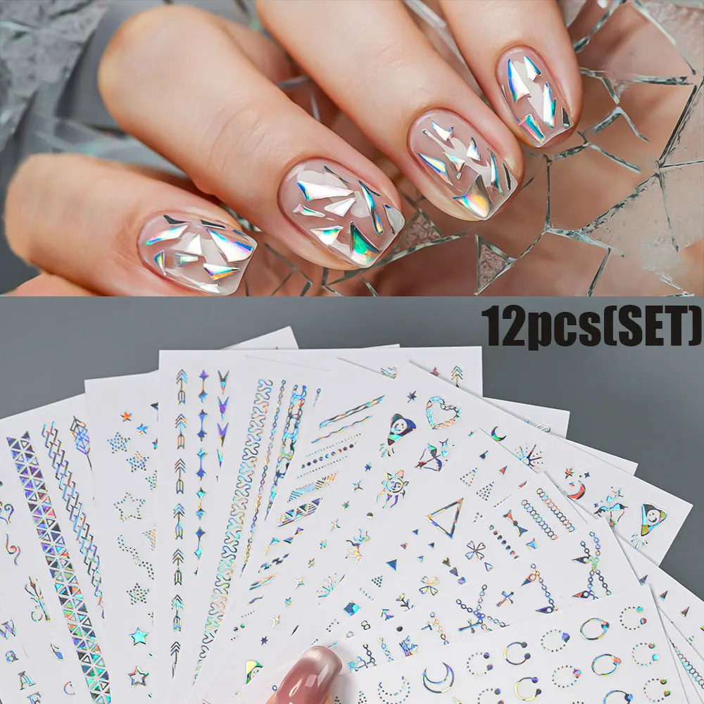 

12Pcs/set Mixed Styles Moon Star Letter Pattern Nail Art Stickers Holographic Laser Silver Nail Decals DIY Nail Decor Supplies_1