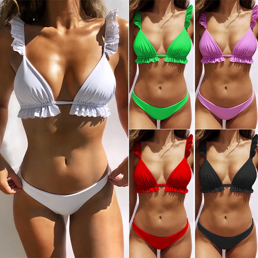 

2023 New Fashion Female Tankini Solid Color Falbala Swimwear Backless Sexy Bikini Hot Spring Two-Piece Strap Swimsuit