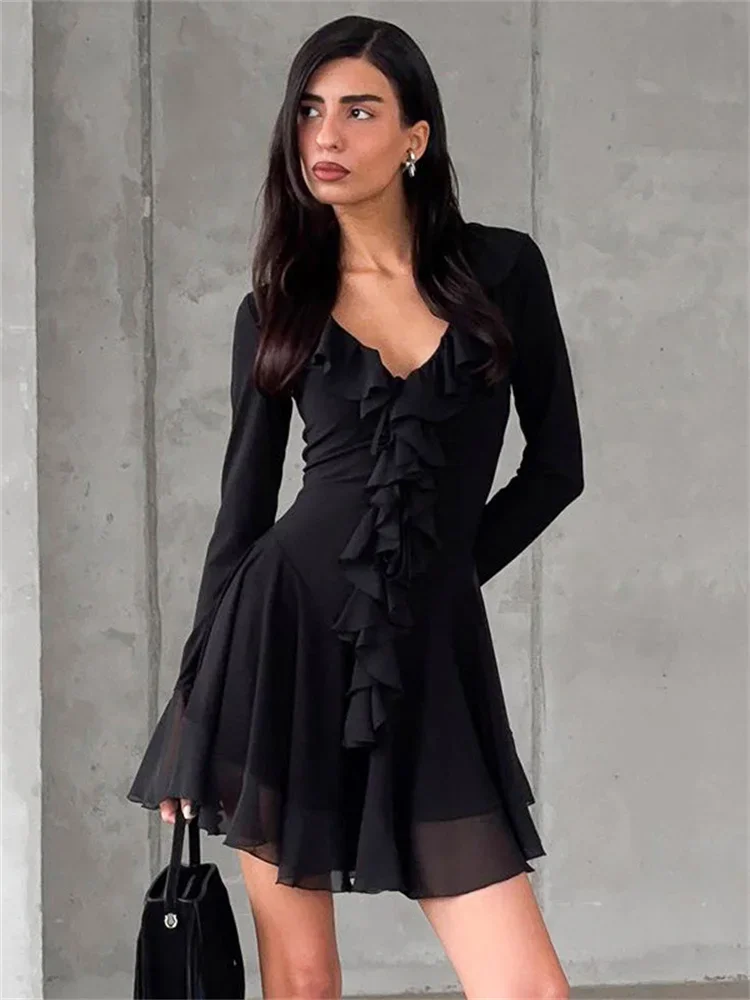 

Tossy Sexy Ruffled Fashion Mini Dress For Women V-Neck Slim Long Sleeve High Waist Mesh Patchwork Party Dress Female Black Dress