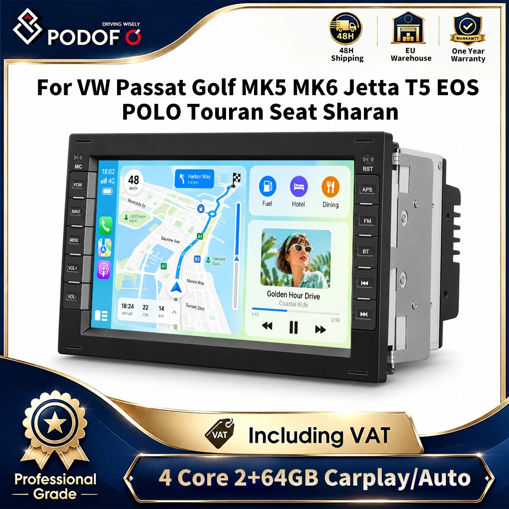 Autoradio Android Podofo 2 DIN con schermo capacitivo da 7'' 2GB+64GB, navigazione GPS, WiFi, Bluetooth, FM, lettore USB, CarPlay wireless, Auto Mirror Link per VW Passat Golf Jetta Polo Touran