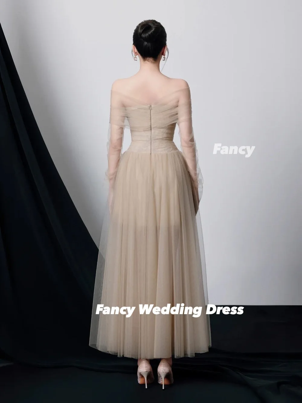 Fancy Champagne Tulle Short Customized Evening Dresses Korea Long Sleeves Mini Lining Prom Dress Girl Homecoming Party Gowns