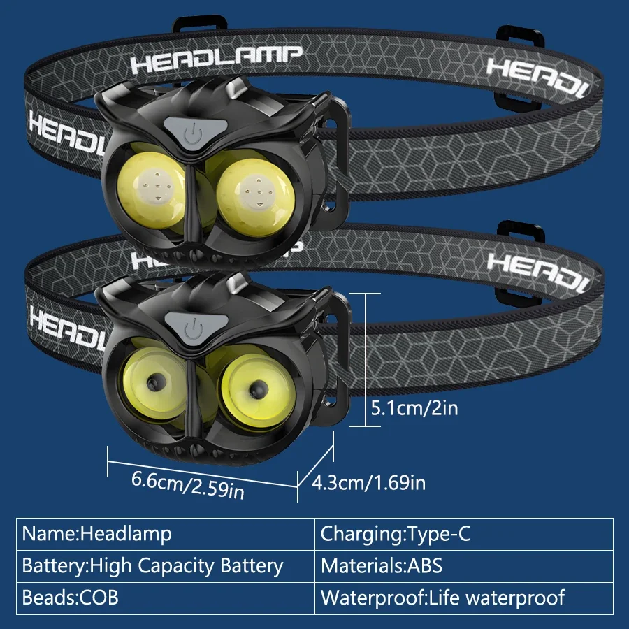 Linterna frontal COB de búho tipo C, recargable, portátil, giratoria, luz de caza, imán, linterna de cabeza Led, lámpara de cabeza de pesca