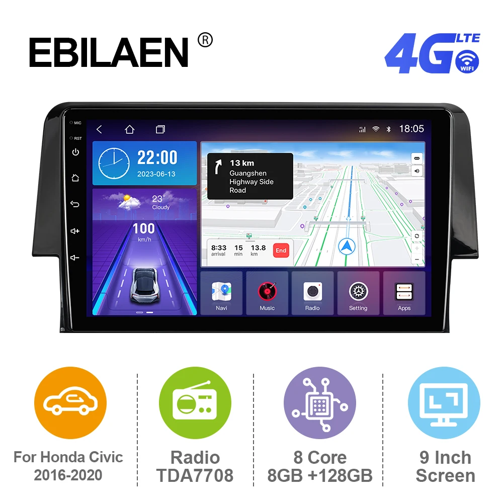 

EBILAEN Android 12 автомобильное стерео радио для Honda Civic 2016-2020 мультимедийный плеер GPS RDS Carplay Авторадио Mirror Link 4G FM