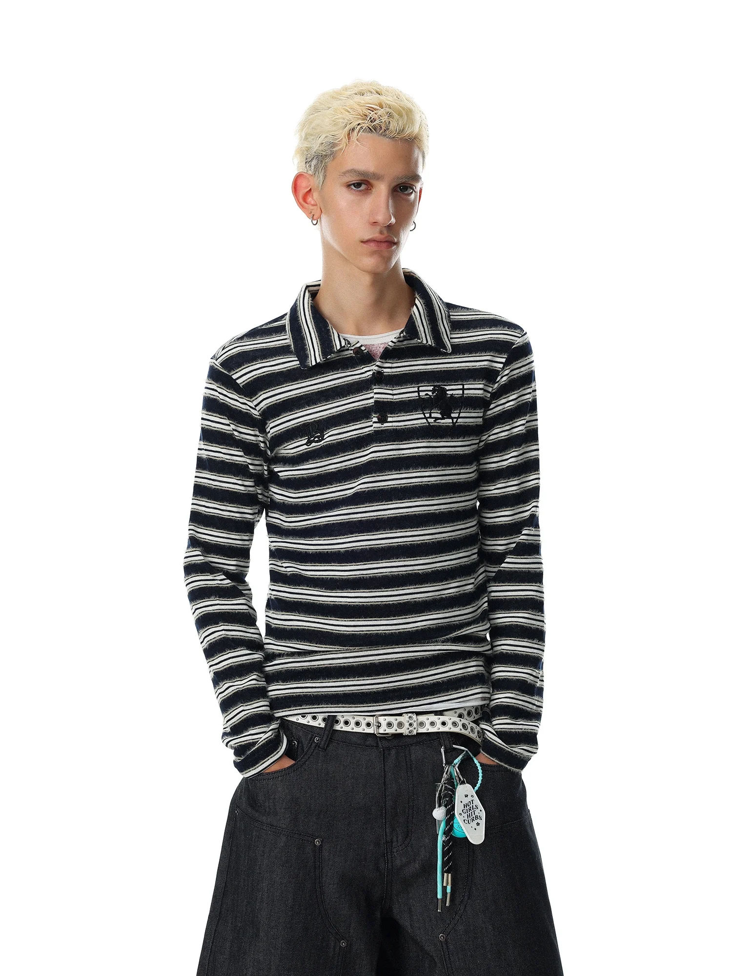 MRNEARLY American Retro Embroidered Striped Collar Long Sleeve  Shirt Men Slim Fit Streetwear Color Block Trendy Top