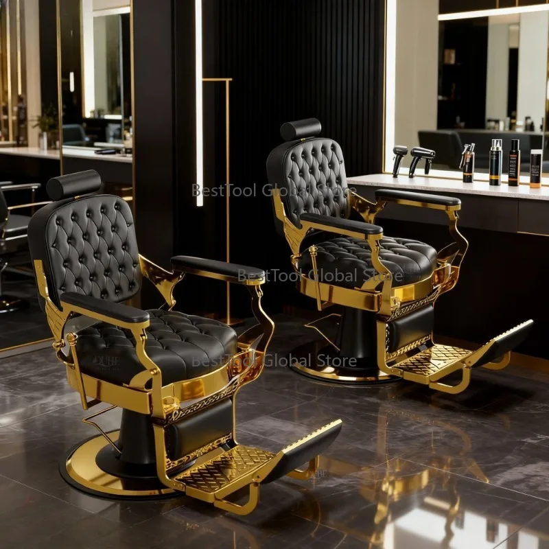Who-lesale An-tique Style Ret-ro Sha-ving Hyd-raulic Pump Men's Bea-uty S-alon Bar-ber Chair Black Gold Tufted Leather Chair