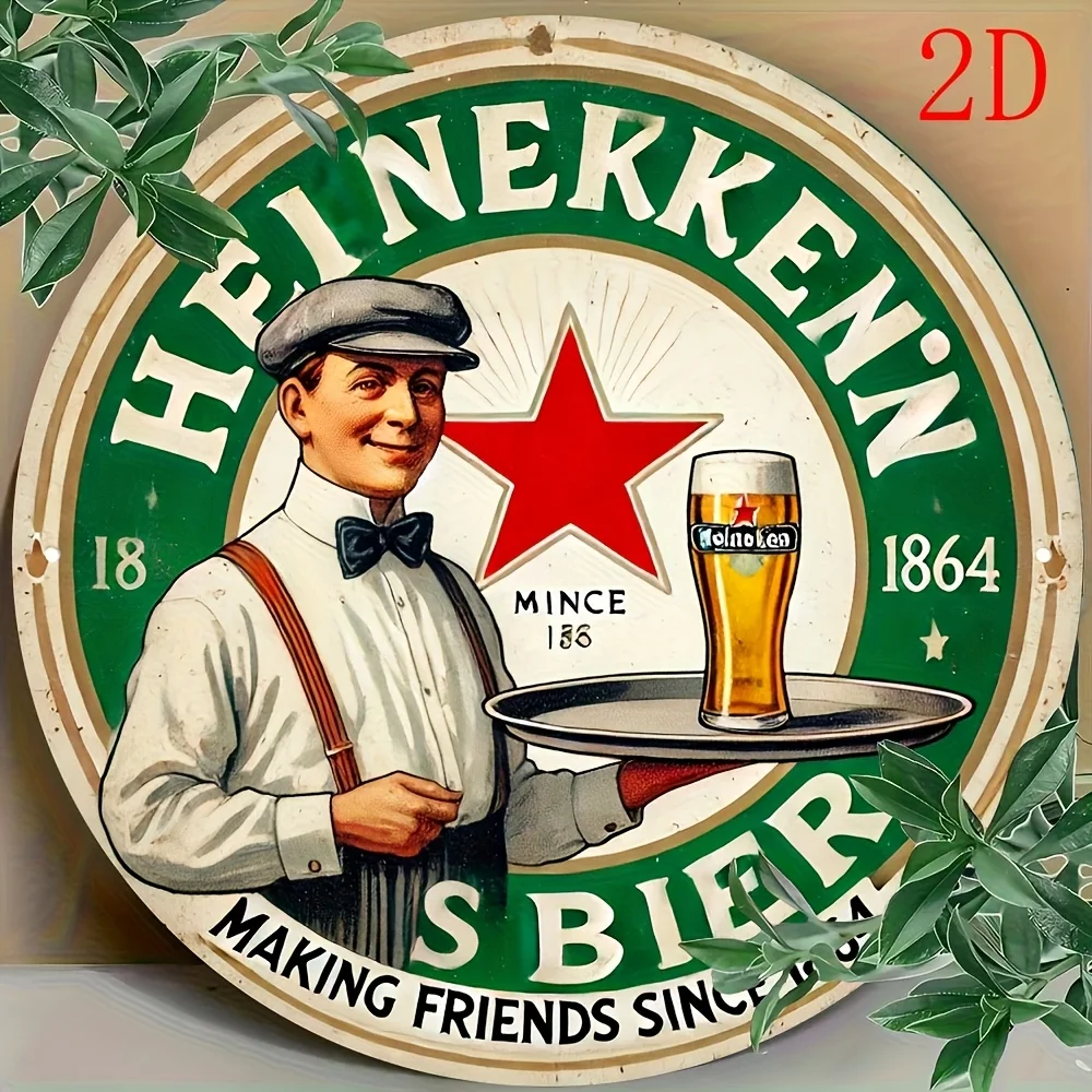 Placa de parede de metal de cerveja plana 2D vintage – placa decorativa de alumínio redonda de 8 x 8 polegadas com design "amigos desde 1864", verde retrô