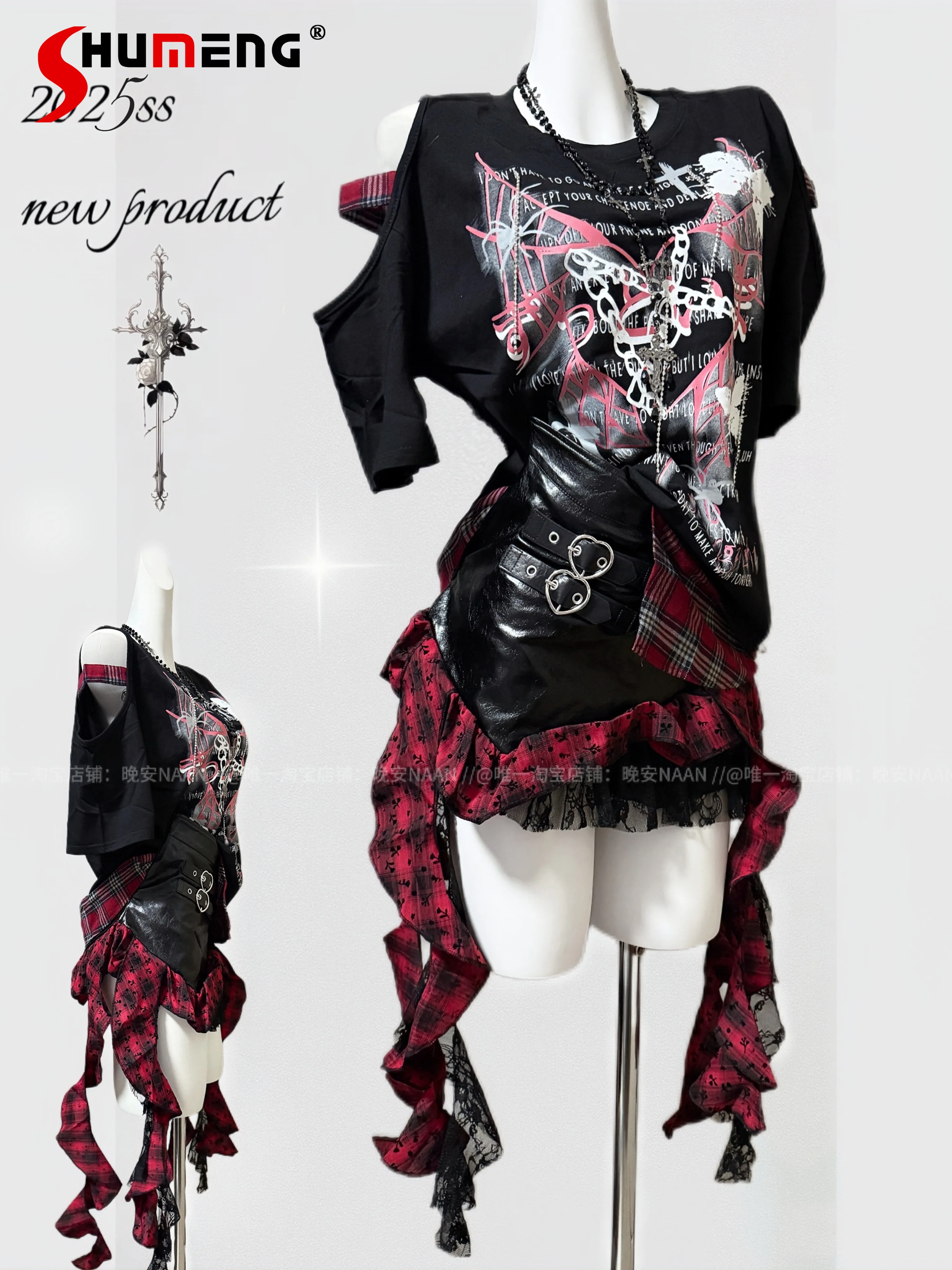 

Japanese Subculture Punk Off-Shoulder Short Sleeve T-Shirt Plaid Skirt Set New 2025 Girls Sweet Cool Fashion Top Skirts Set