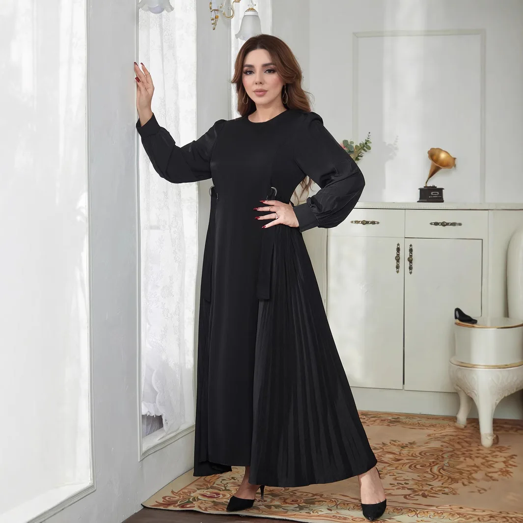 

Muslim Fashion Dress Women's Waist Pleated Abaya Loose Dress Robe Bubble Sleeve Long Dresses Abayas