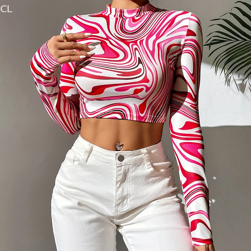 Tops básicos de manga larga para mujer Tops sencillos Tops de moda para mujer Y2K Tops cortos con cuello simulado y estampado de mármol
