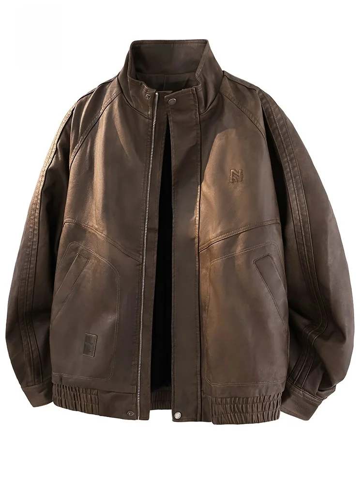 

Мужская кожаная куртка в американском ретро-стиле для байкеров, модная, ветрозащитная, теплая, утолщенная, с воротником-стойкой, на флисовой подкладке, молодежная, для осени/зимы