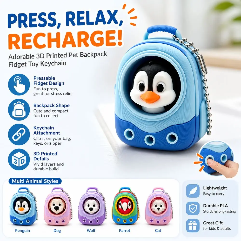 3D Printed Decompression Press Design Mechanical Blue Axis Fidget Compact Size Keychain Style Pendant Decoration
