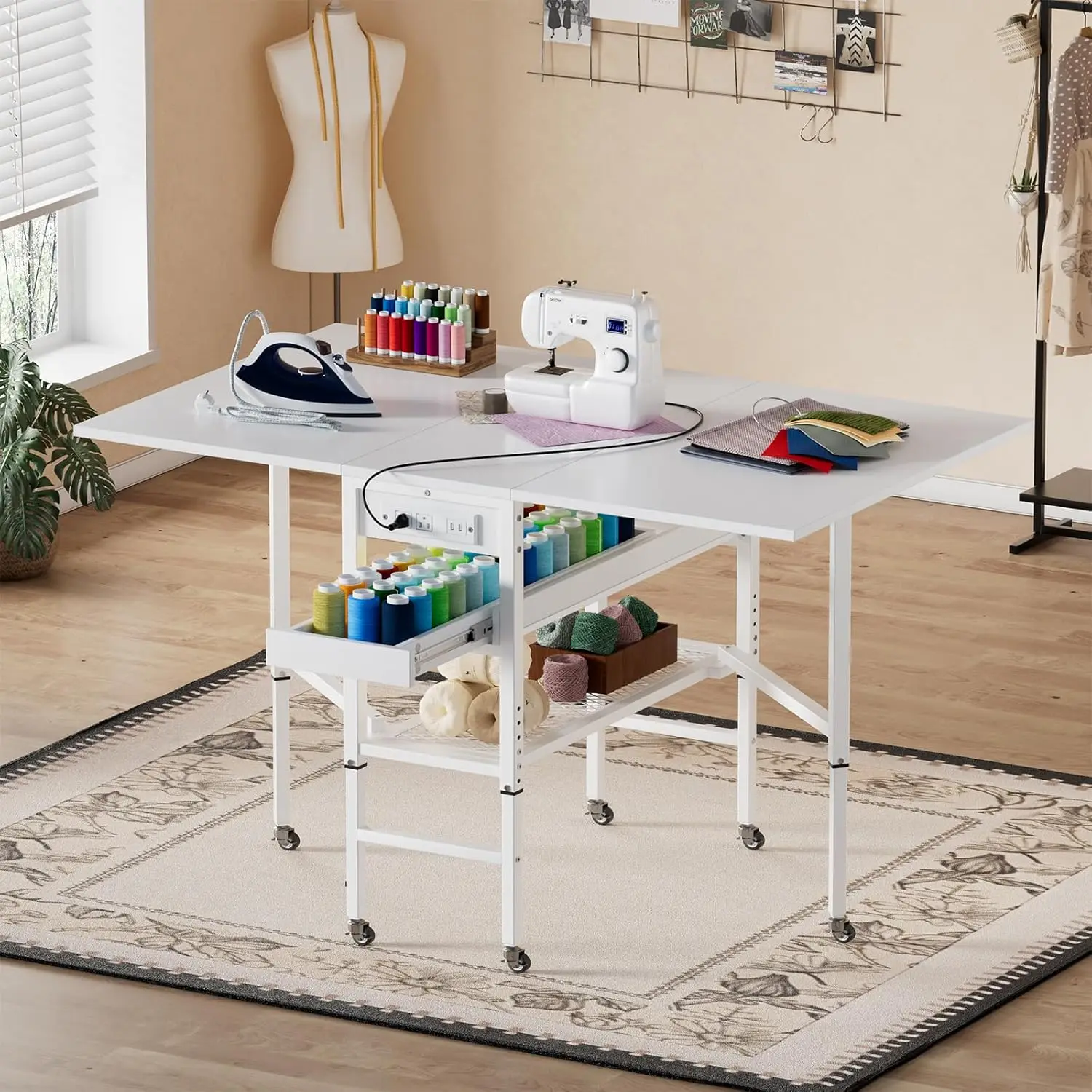 

Height Adjustable Sewing Cutting Table with Charging Station, Folding Craft Table with Storage,Movable Shelves for, Customized