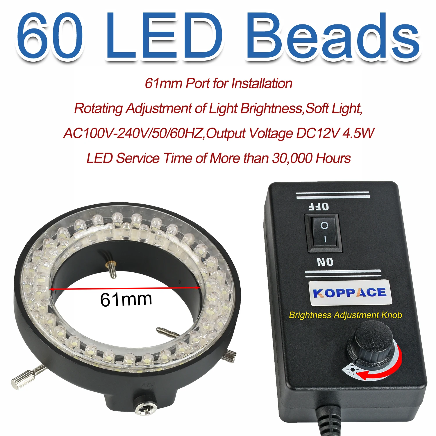 KOPPACE 61mm Installation Size Microscope LED Ring Light Source 60 Lamp Beads Adjustable Brightness