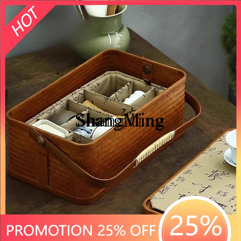 CL  tea set storage  large lacquered Chinese bamboo woven portable tea box, tabletop basket, travel teapot, teacup basket