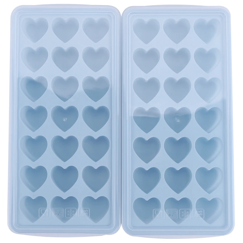 2Pcs Silicone Ice Cube Heart Shaped Tray 21-Ice Cube Mould With Removable Lid, Flexible,For Whiskey & Cocktails