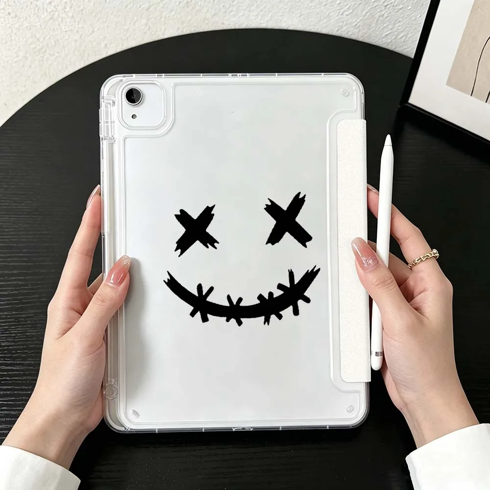 Cartoon Happy Face Case For iPad Mini Pro Air 5 6 7 8 9 10th 11th 11 9.7 10.9 13 inch Transparent Y-Shaped Folding Tablet