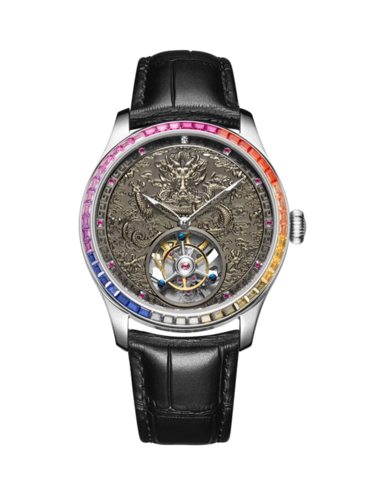 Orologio meccanico tourbillon completamente automatico da 42 mm con intarsio di diamanti autentici da uomo, cristallo di zaffiro