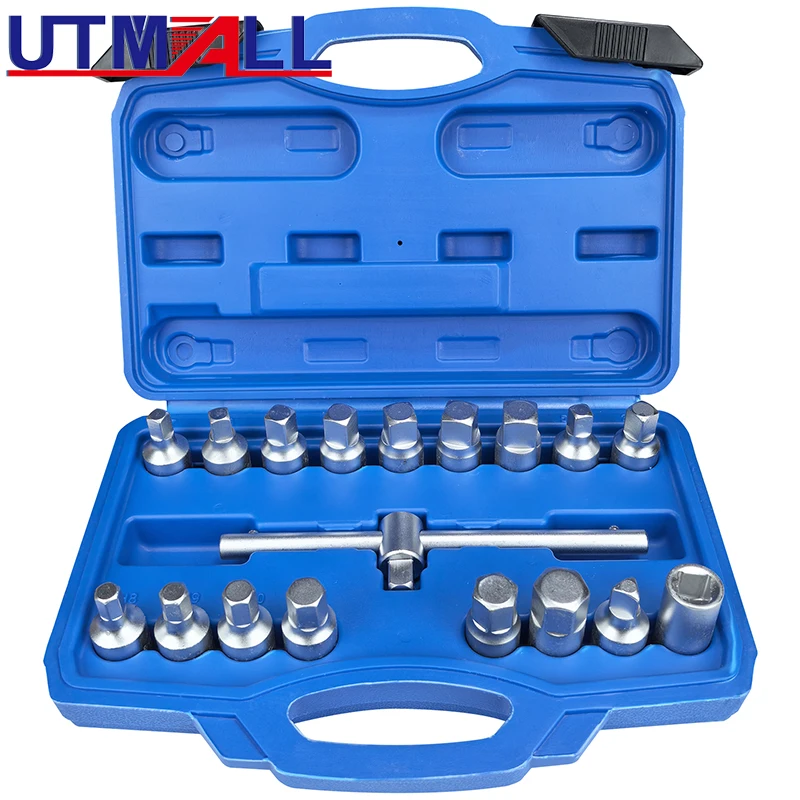 

18pcs Oil Drain Plug Removal Tool Key Set Square Hexagon Socket Kit 3/8-Inch drive Nut Adaptor Tool