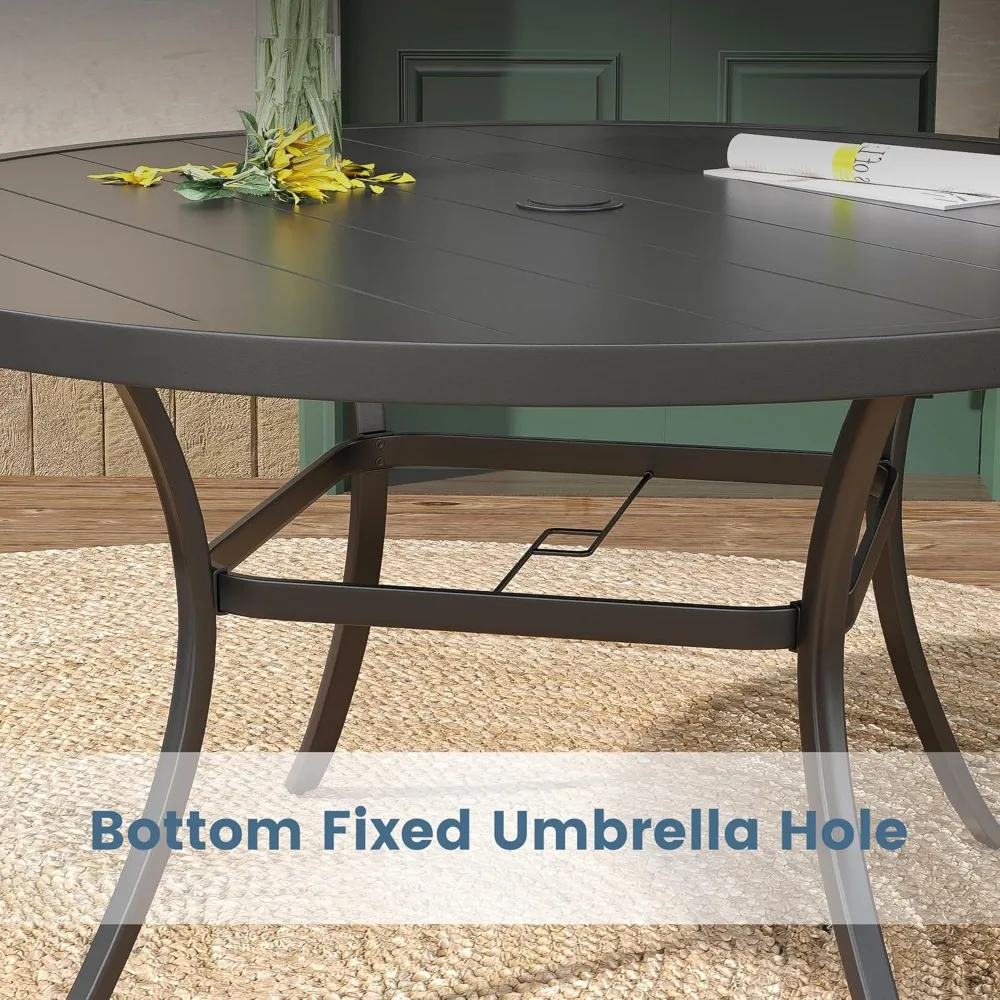 طاولة طعام للفناء الخارجي تتسع لـ 6 مقاعد، طاولة معدنية مع فتحة مظلة قابلة للتعديل، أثاث لجميع الأحوال الجوية، مناسبة لـ 50 طلقة #6
